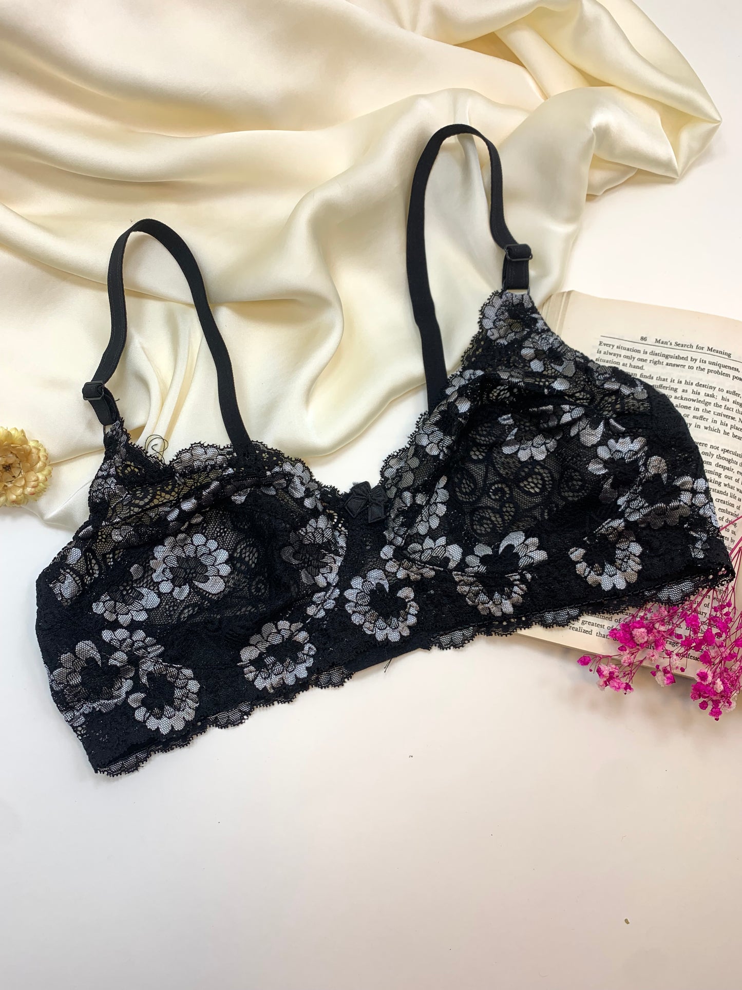 Flower Print Black Cotton Net Bra (005)