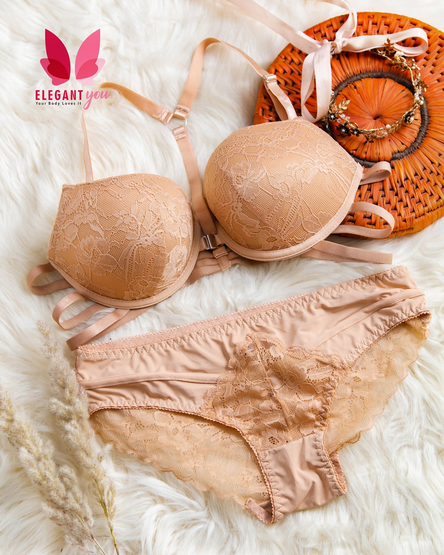 Skin Color Elegant Criss Cross Straps Front Buckle Double Padded Push-up Wire Bra & Underwear Combo