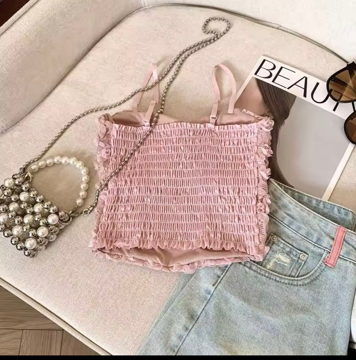 Rose Petals Beaded Style Girls Sling Tank Top Free Size For (30-36)