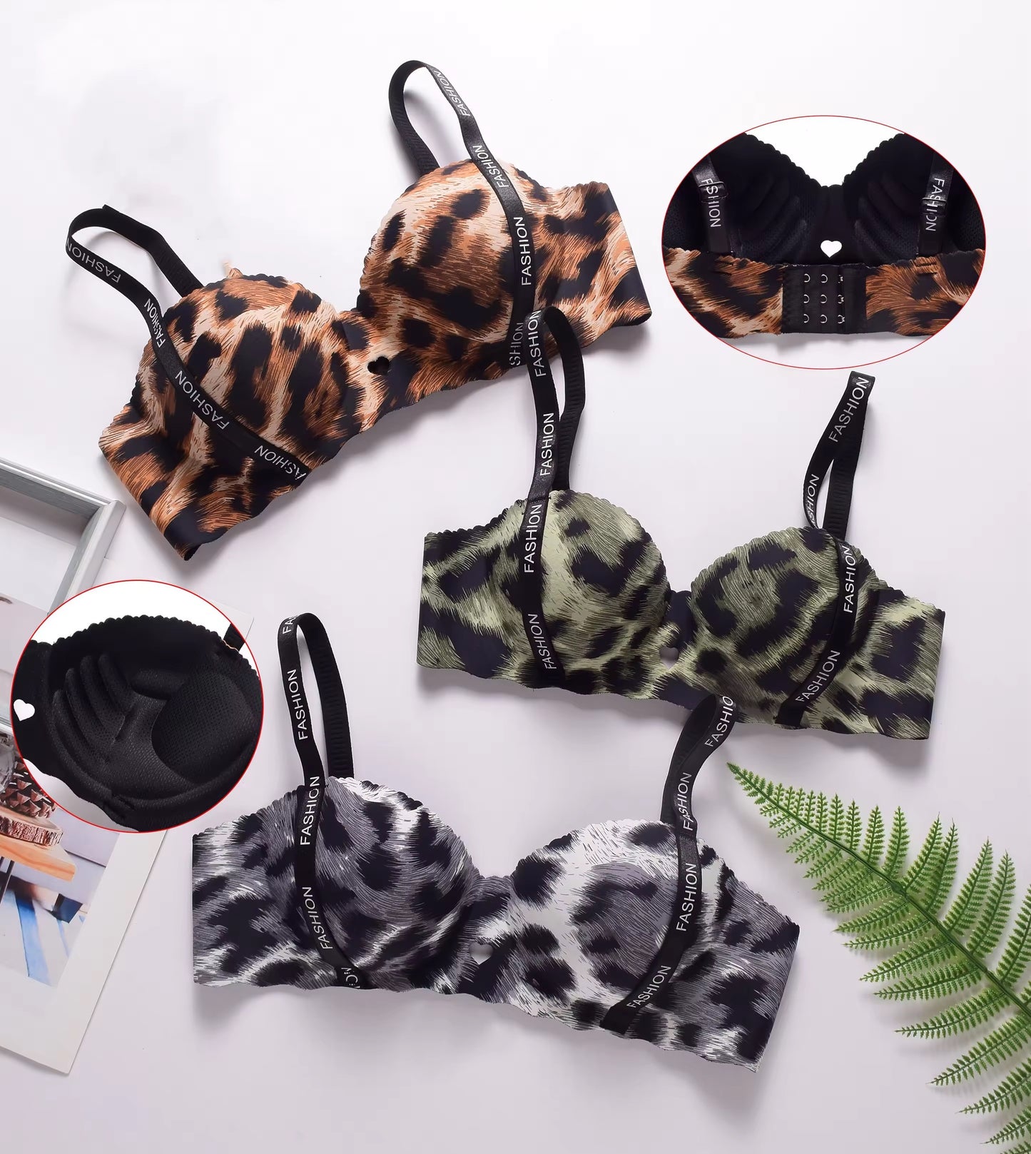 Seamless Animal Pattern Padded Push-up Heart Design Non Wire Half Cup Bra