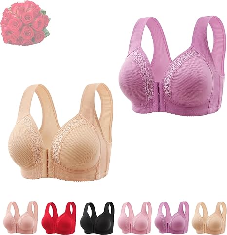 Wide Straps Front Hooks Light Padded Bra With Lace