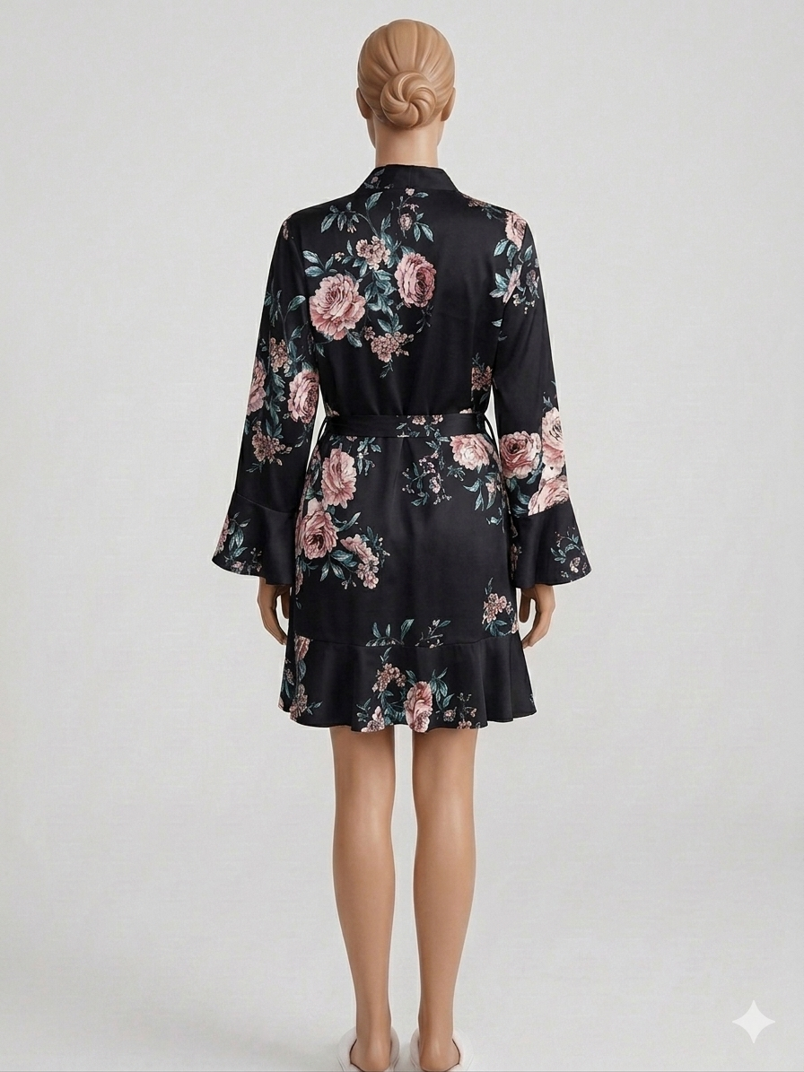 3 Piece Floral Printed Full Sleeves Silk Nighty With Bikini Set