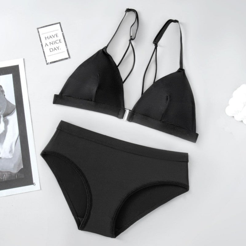 Halter Ice Silk Triangle Cup Front Buckle Bra Panty Set