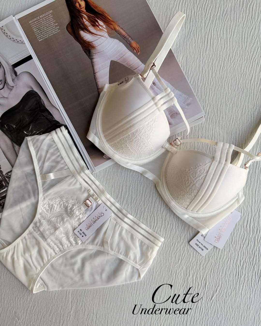 (32-34)B Pearl White Elegant Padded Pushup Bra Panty Set (148)