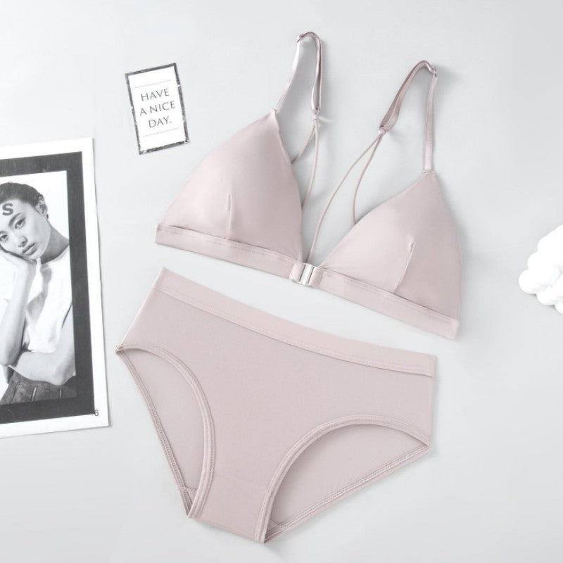 Halter Ice Silk Triangle Cup Front Buckle Bra Panty Set
