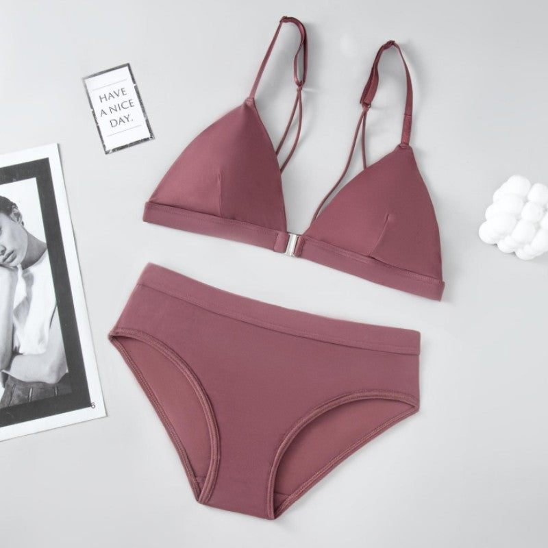 Halter Ice Silk Triangle Cup Front Buckle Bra Panty Set