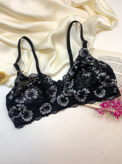 Flower Print Black Cotton Net Bra