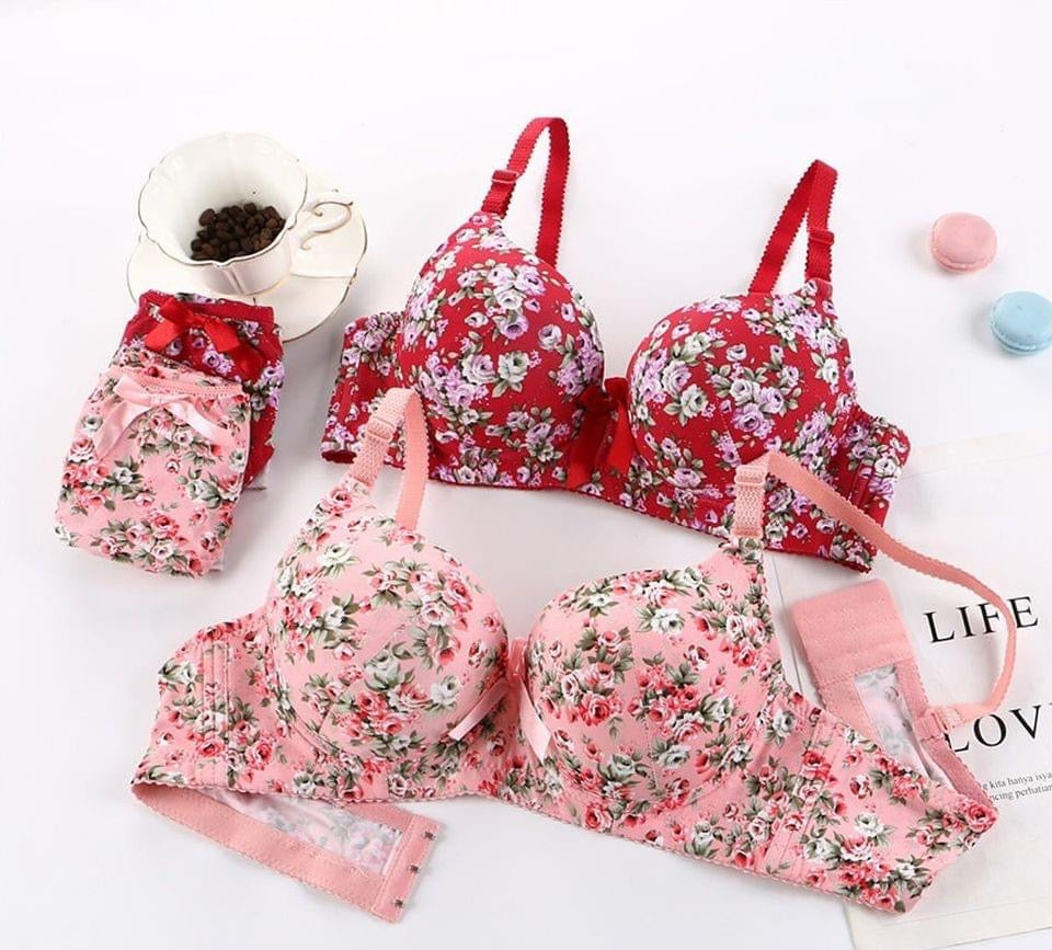 Elegant Flower Printed Single Padded Bra Panty Set