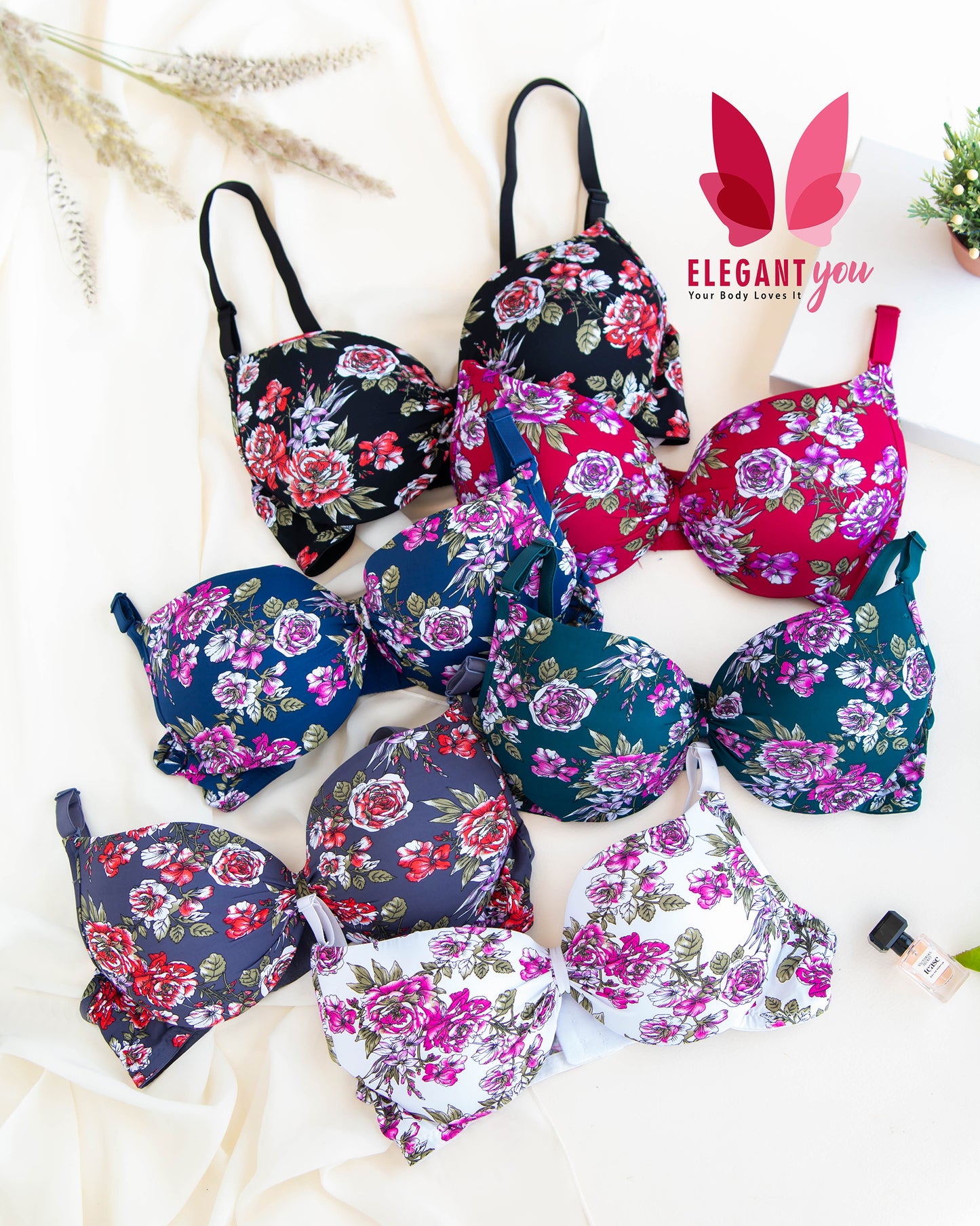 Knot Style Flower Printed Double Padded Push-up Bra