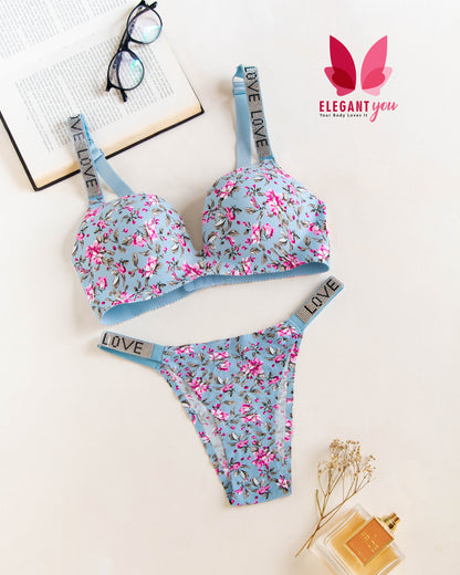 Seamless Flower Printed Padded Pushup Non Wire Bra With Matching Thong Underwear