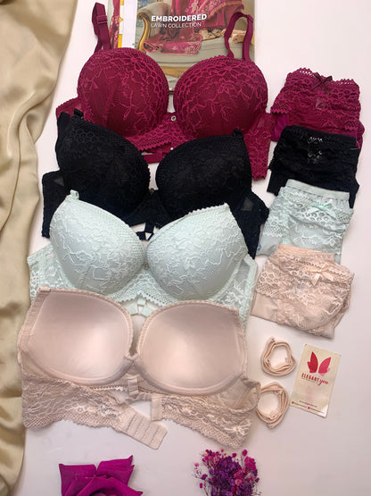 Bridal Lace Pattern Padded Pushup Wire Bra & Matching Underwear