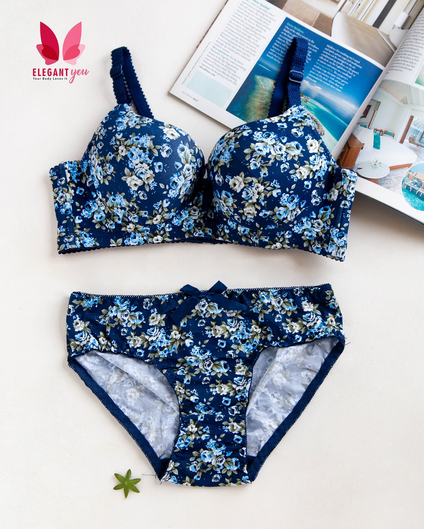 Elegant Flower Printed Single Padded Bra Panty Set