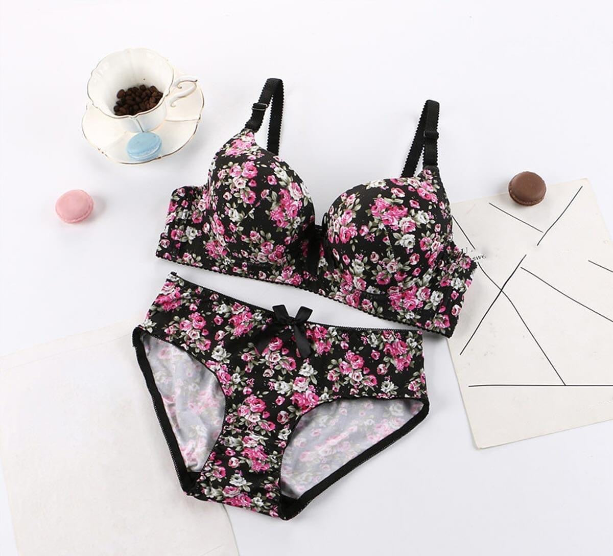 Elegant Flower Printed Single Padded Bra Panty Set