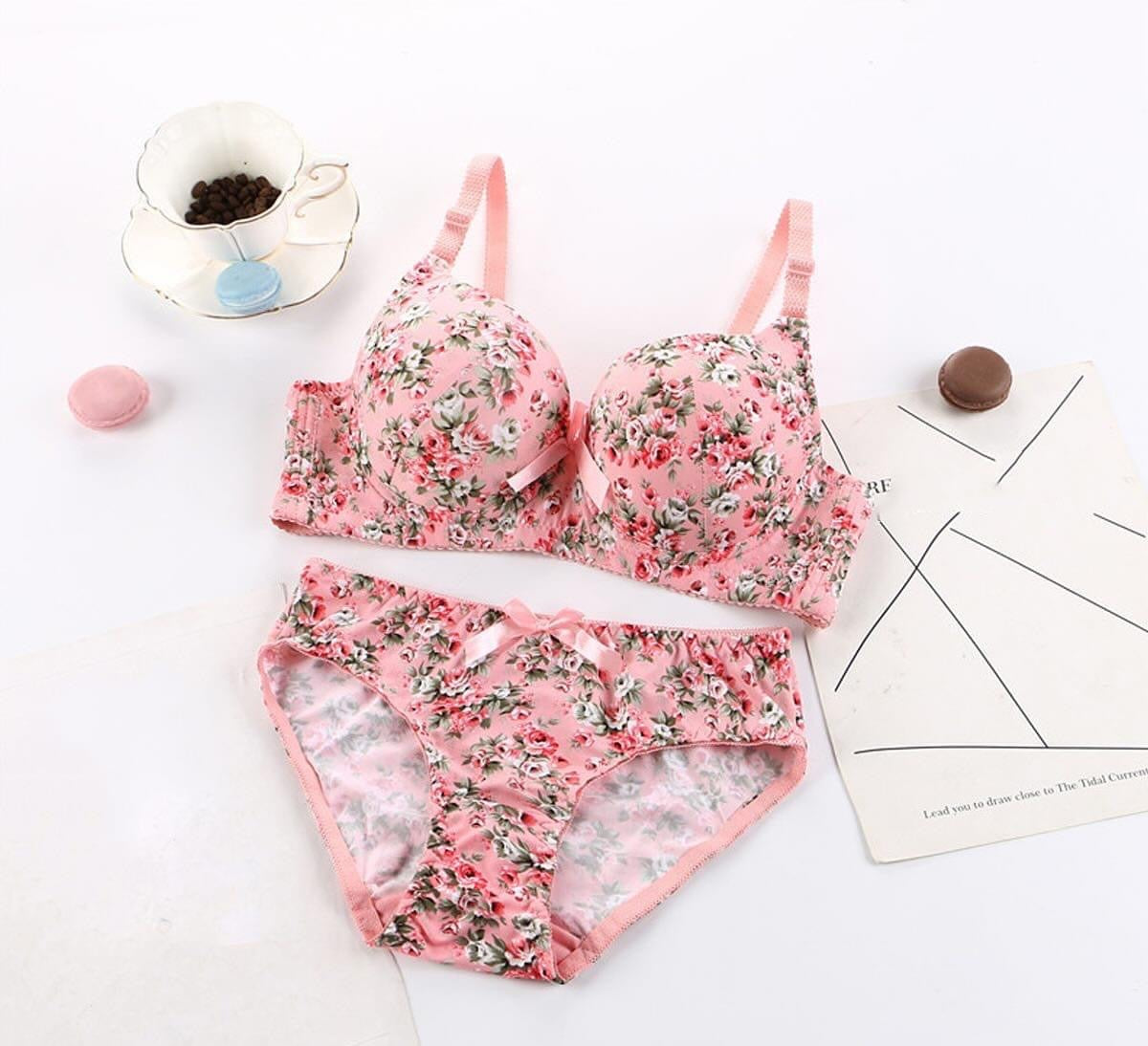 Elegant Flower Printed Single Padded Bra Panty Set