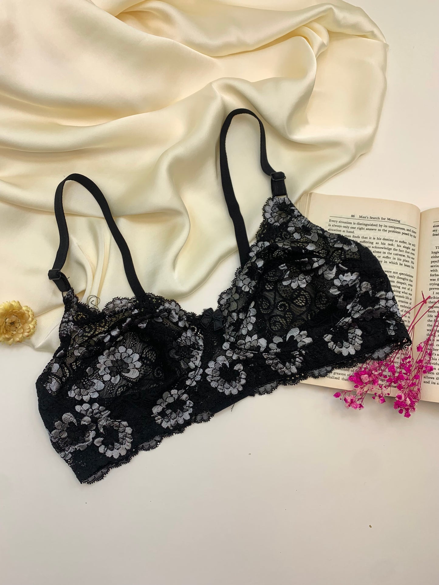 Flower Print Black Cotton Net Bra