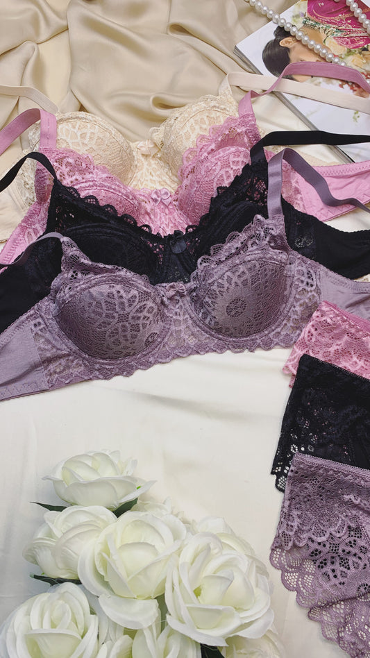 (32-42)B Beautiful Lace Underwire Bra and Panty Set (027)