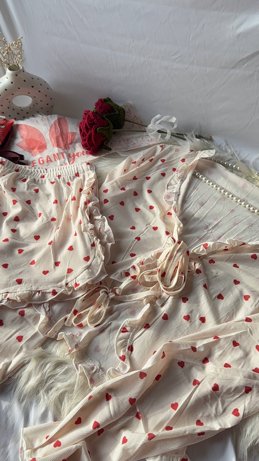 Love Pattern Ruffle-Trim Drawstring Top & Shorts Women Pajama Set