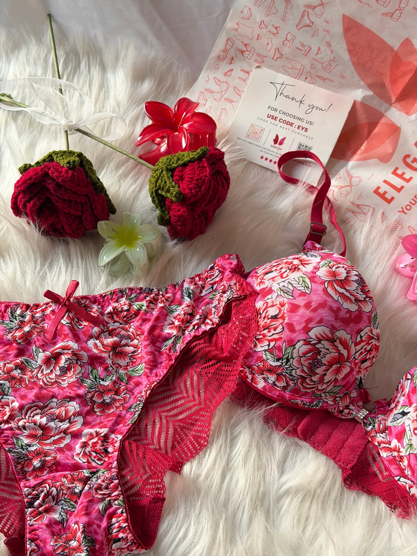 Flower Printed Lacy Plunge Bra & Panty Set(R4)