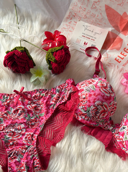 Flower Printed Lacy Plunge Bra & Panty Set(R4)