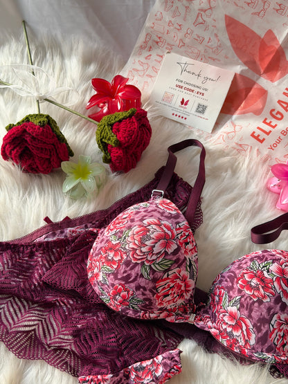 Flower Printed Lacy Plunge Bra & Panty Set(R4)