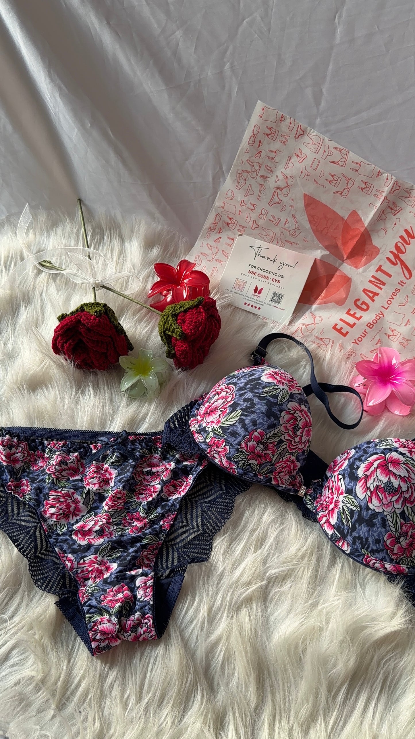 Flower Printed Lacy Plunge Bra & Panty Set(R4)