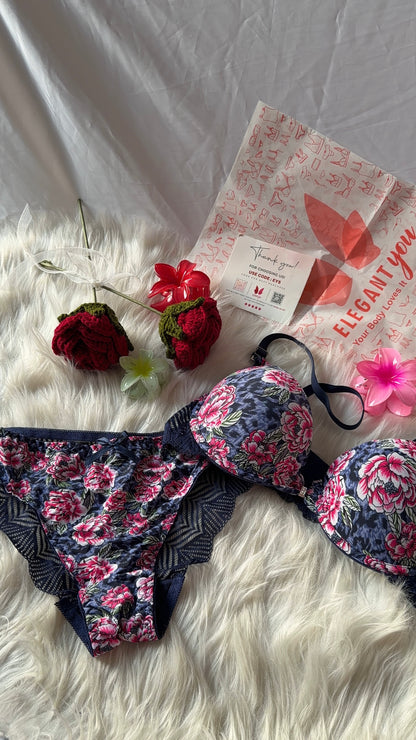 Flower Printed Lacy Plunge Bra & Panty Set(R4)
