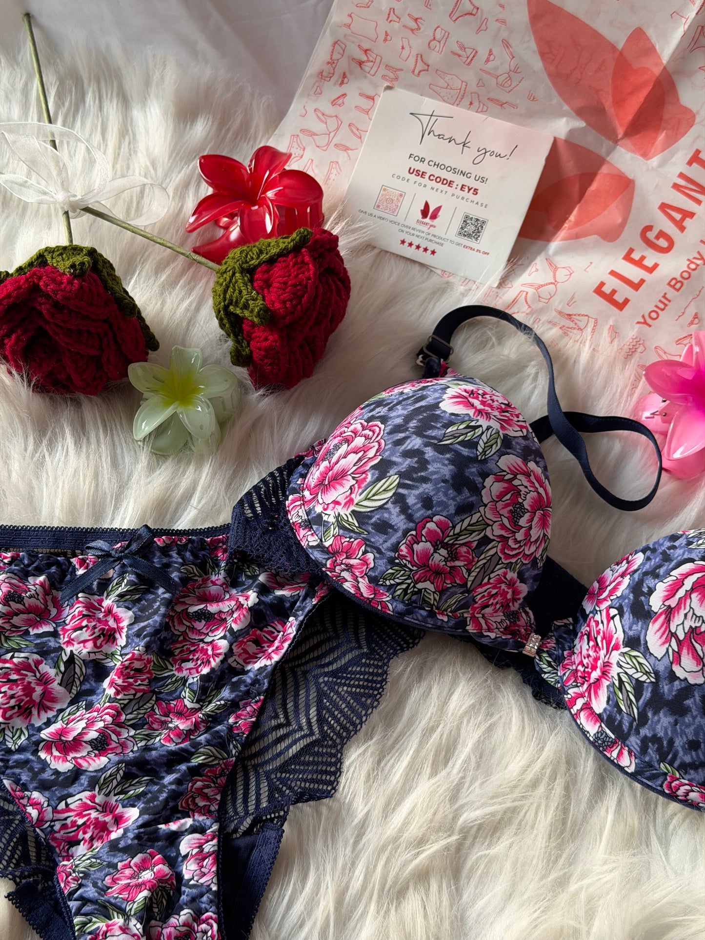 Flower Printed Lacy Plunge Bra & Panty Set(R4)