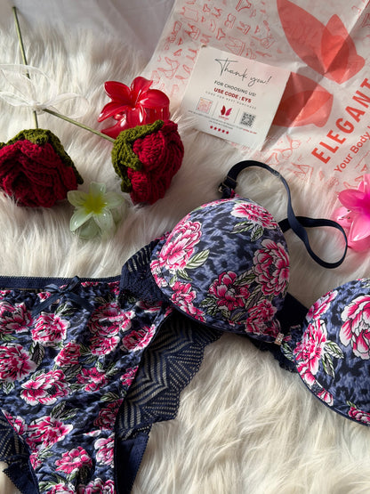 Flower Printed Lacy Plunge Bra & Panty Set(R4)