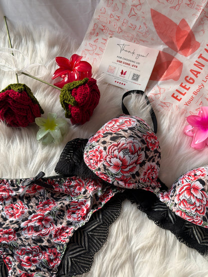 Flower Printed Lacy Plunge Bra & Panty Set(R4)