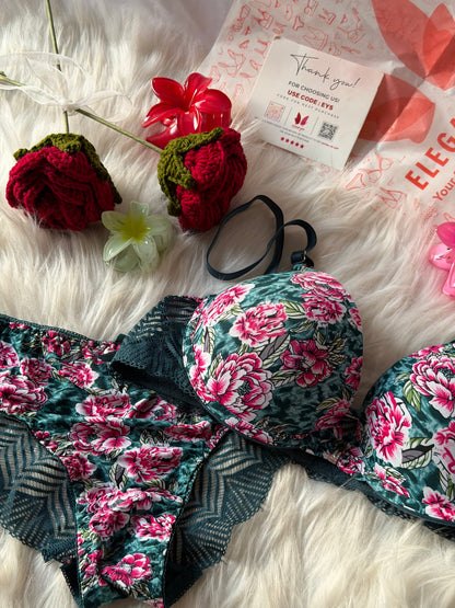 Flower Printed Lacy Plunge Bra & Panty Set(R4)