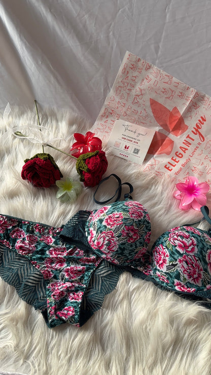 Flower Printed Lacy Plunge Bra & Panty Set(R4)