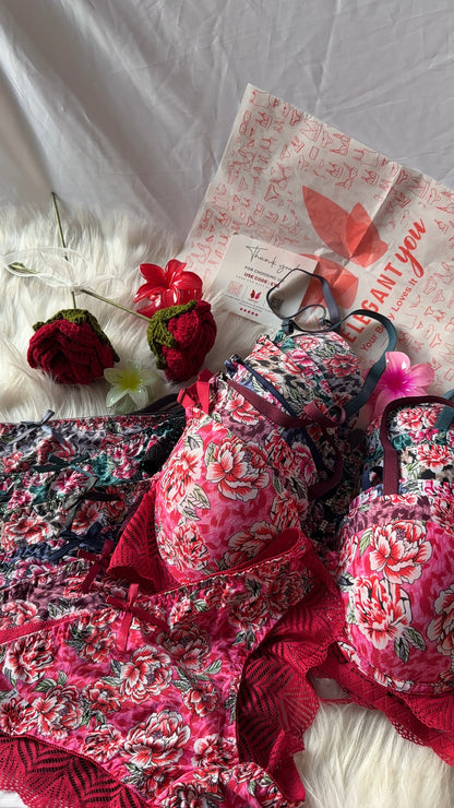 Flower Printed Lacy Plunge Bra & Panty Set(R4)