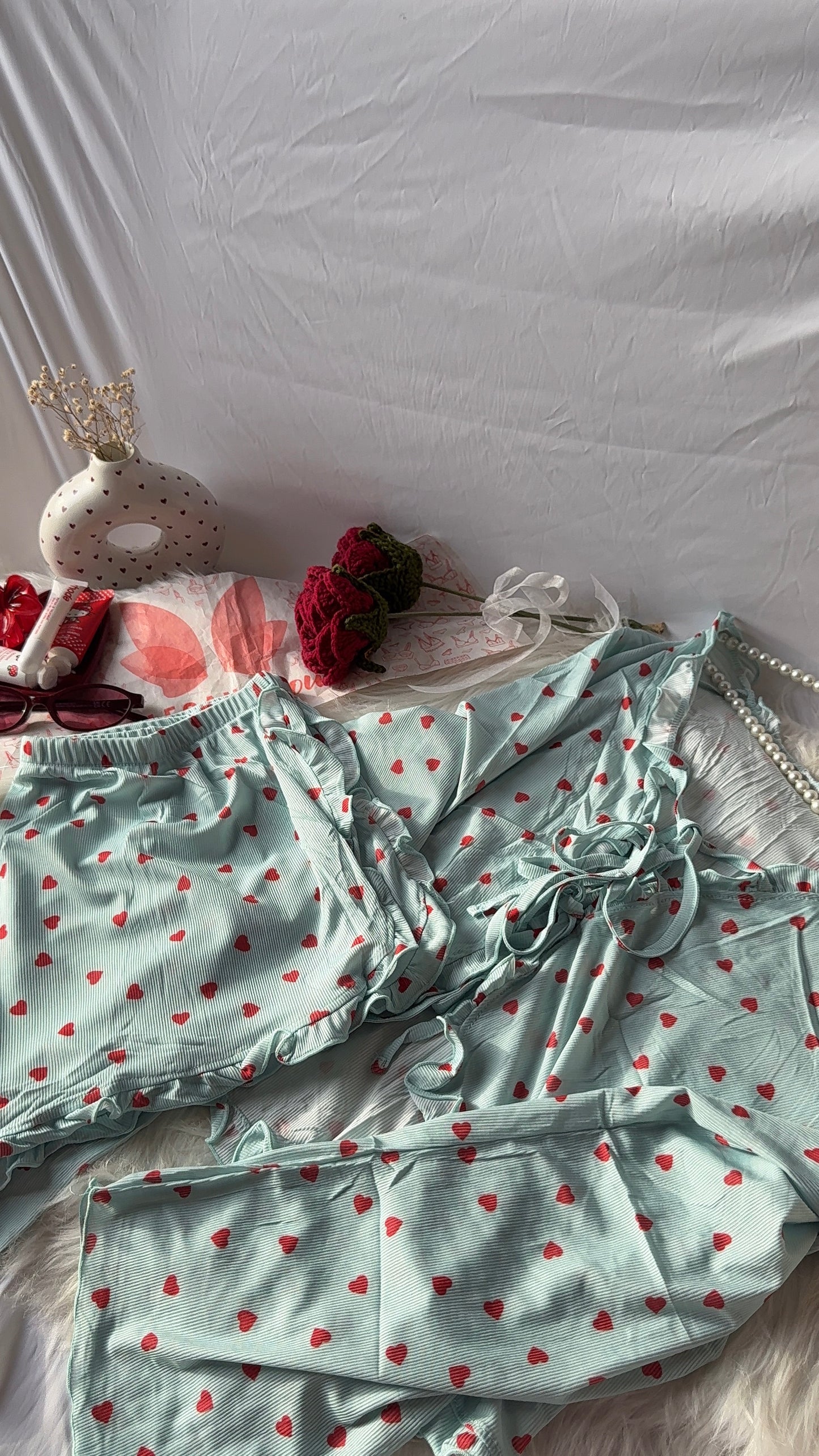 Love Pattern Ruffle-Trim Drawstring Top & Shorts Women Pajama Set