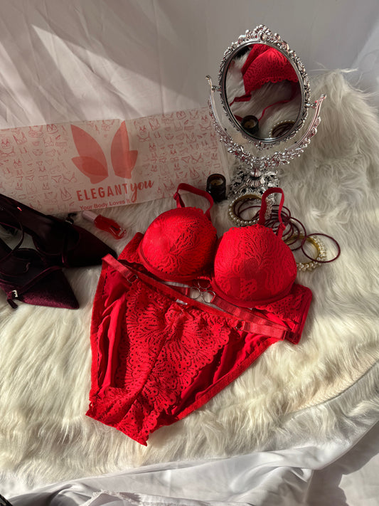 (34-40)C Cup Elegant Lacy Double Padded Bra & Panty Set