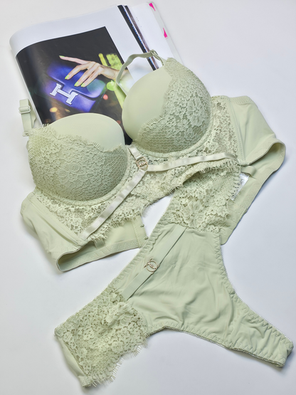 (34-40)B Padded Push-up Wire Bra & Thong Underwear (Light Green)074