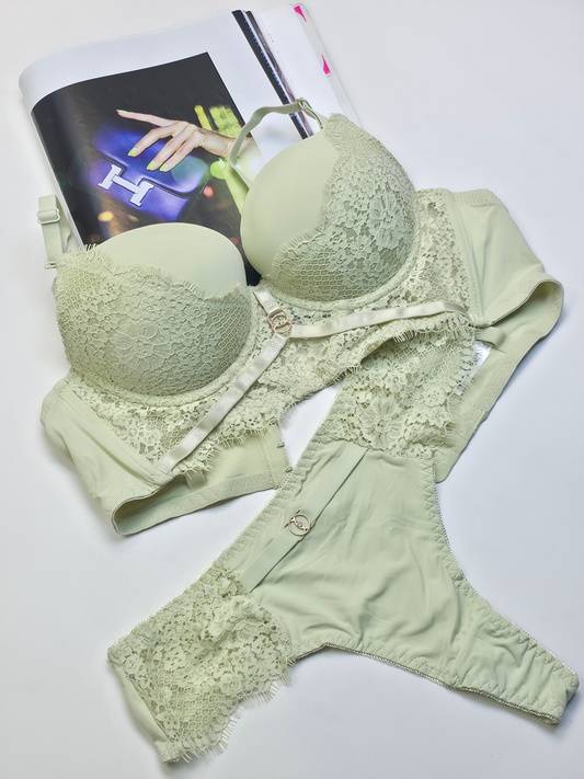 (34-40)B Padded Push-up Wire Bra & Thong Underwear (Light Green)074