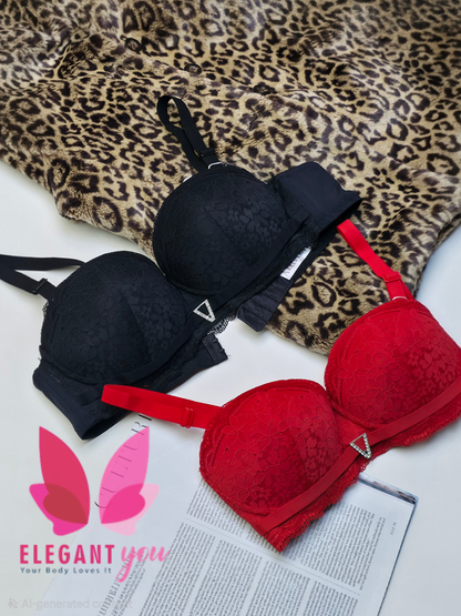 (36-42)size Half Cup Shape Padded Push up Wired Flower Pattern Bra. (Red&Black)