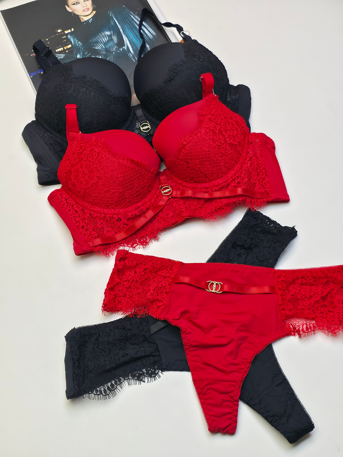 (34-40)B Padded Push-up Wire Bra & Thong Underwear (Red & Black) 074