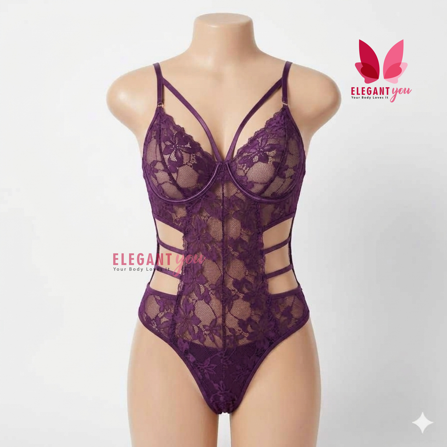 (34-40)Lacy Mesh Cut-out See-Through Body-Suit (W)