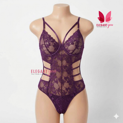 (34-40)Lacy Mesh Cut-out See-Through Body-Suit (W)