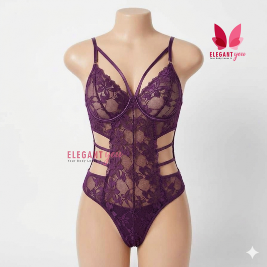 (34-40)Lacy Mesh Cut-out See-Through Body-Suit (W)