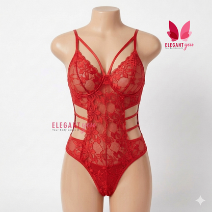 (34-40)Lacy Mesh Cut-out See-Through Body-Suit (W)