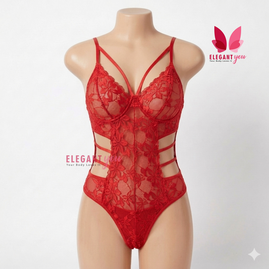 (34-40)Lacy Mesh Cut-out See-Through Body-Suit (2029)