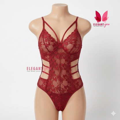 (34-40)Lacy Mesh Cut-out See-Through Body-Suit (W)