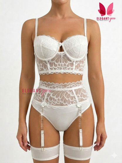 (32-42)Hot see through Lace Bra And Brief Set With Garter (W602)
