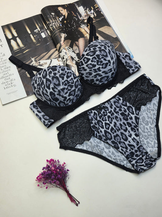 (36-42)C Cup Size Leopard Thin Padded Push-up Wire Bra & Underwear Combo