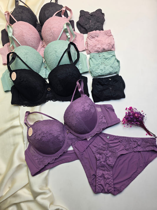 (38-44)C Cup Bridal Lace Pattern Padded Pushup Wire Bra & Matching Underwear (084)