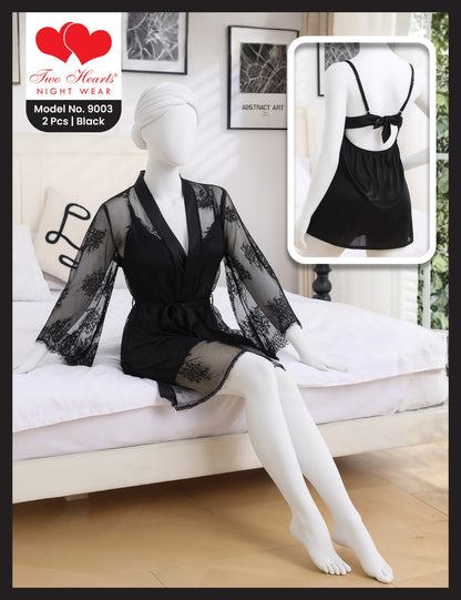 2 Piece Net Gown With Silk Inner Nighty(9003)