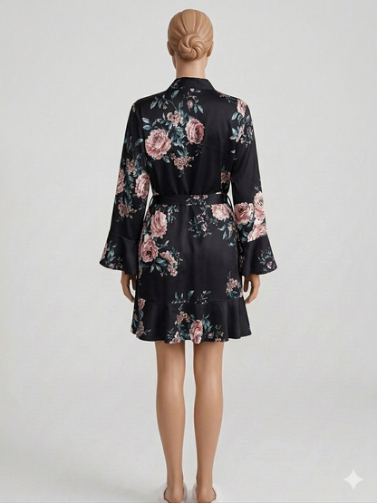 3 Piece Floral Printed Full Sleeves Silk Nighty With Bikini Set