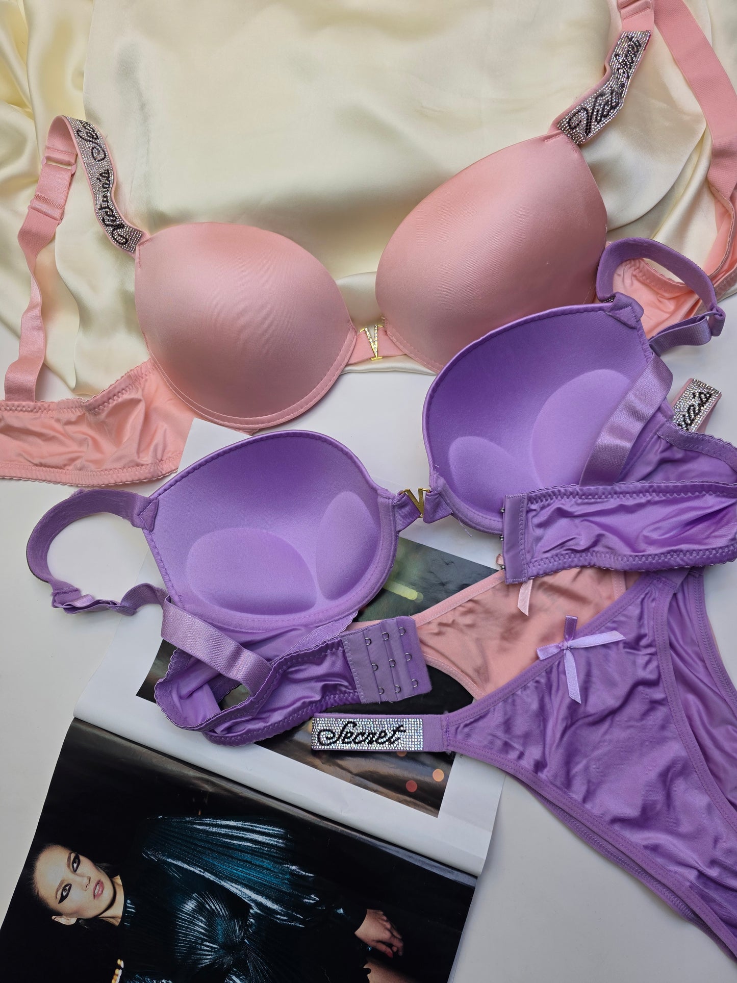 (36-42)B [Peach & Purple] Victoria Secret Soft Push-up Pad Bra Panty Set(134)